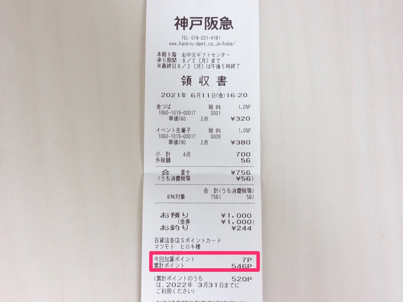 阪急百貨店で全国百貨店共通商品券を使ったときにSポイントを貯めた